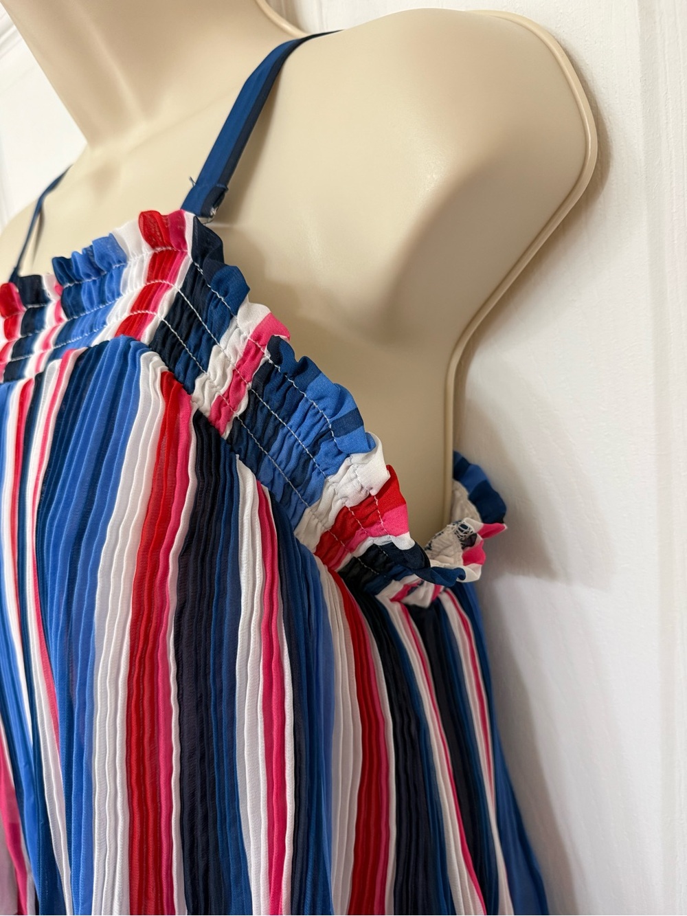 Lane Bryant Pleated Stripe Maxi Dress 14/16 Cold Shoulder Blue Red White - Picture 7 of 12